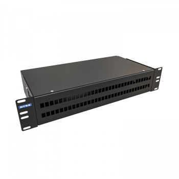 Кросс NTSS оптический 19'' укомплектованный 2U, 64 порта LC/UPC duplex, 50/125 мкм (сплошная панель, сплайс-кассета 4шт, пигтейлы, КДЗС, адаптеры) чер