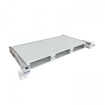 Кросс NTSS оптический выдвижной 19'' предсобранный 1U, 8 портов LC/APC duplex, 9/125 мкм (планки, сплайс-кассета, пигтейлы, КДЗС, адаптеры) серый RAL