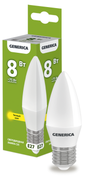 Лампа светодиодная C35 свеча 8Вт 230В 3000К E27 GENERICA