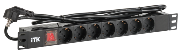 ITK PDU 7 розеток DIN49440 (нем. станд.) с LED выключателем, 1U, шнур 2м вилка DIN49441 (нем. станд.), профиль из ПВХ, черный
