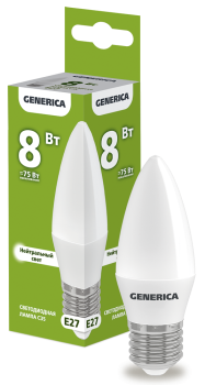 Лампа светодиодная C35 свеча 8Вт 230В 4000К E27 GENERICA