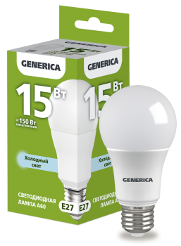 Лампа светодиодная A60 груша 15Вт 230В 6500К E27 GENERICA