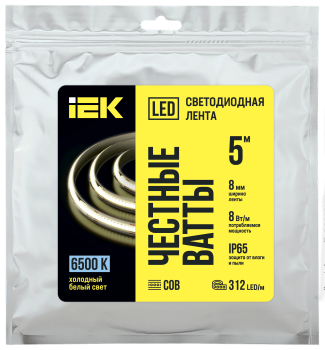 Лента светодиодная 5м COB 312LED/м 8Вт/м IP65 ширина 8мм 24В холодный белый IEK