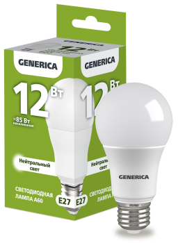 Лампа светодиодная A60 груша 12Вт 230В 4000К E27 GENERICA