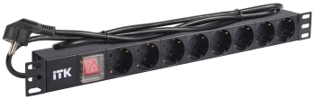 ITK PDU 8 розеток нем. стандарт, с LED выключателем, 1U, шнур 2м вилка нем. стандарт, алюминиевый профиль
