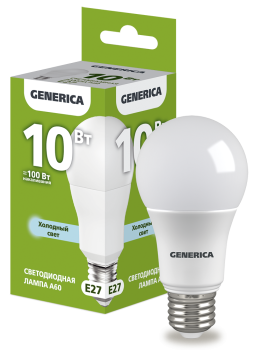 Лампа светодиодная A60 груша 10Вт 230В 6500К E27 GENERICA