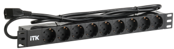 ITK PDU 9 розеток DIN49440 (нем. станд.) 1U, шнур 2м вилка IEC 320 C14, профиль из ПВХ, черный