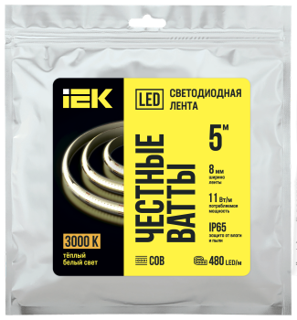 Лента светодиодная 5м COB 480LED/м 11Вт/м IP65 ширина 8мм 24В теплый белый IEK