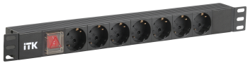 ITK PDU 7 розеток нем. стандарт, с LED выключателем,1U, без шнура, вх. C14, алюминиевый профиль