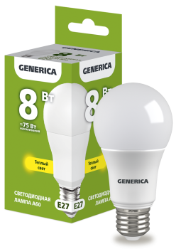 Лампа светодиодная A60 груша 8Вт 230В 3000К E27 GENERICA