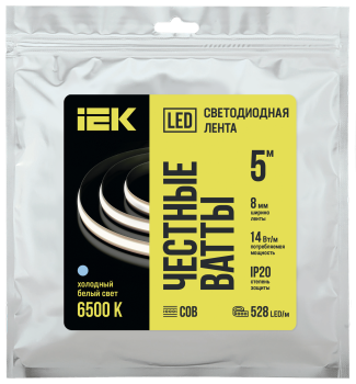 Лента светодиодная 5м COB 528LED/м freecut свободная резка 14Вт/м IP20 ширина 8мм 24В холодный белый IEK