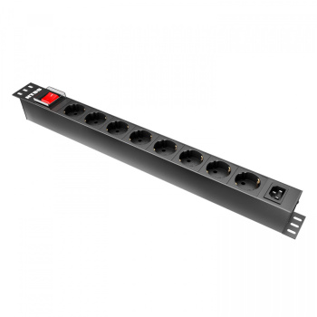 Блок розеток NTSS, 19", 1U, пластик, 1ф10A, 2.3кВт, (8) Schuko CEE 7/7, выкл. с подсв.и крыш., вх. 60320 С14