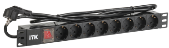 ITK PDU 8 розеток DIN49440 (нем. станд.) с LED выключателем, 1U, шнур 2м вилка DIN49441 (нем. станд.), профиль из ПВХ, черный