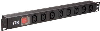 ITK PDU 8 розеток C13 с LED выключателем,1U, вх. С14, без шнура, алюминиевый профиль